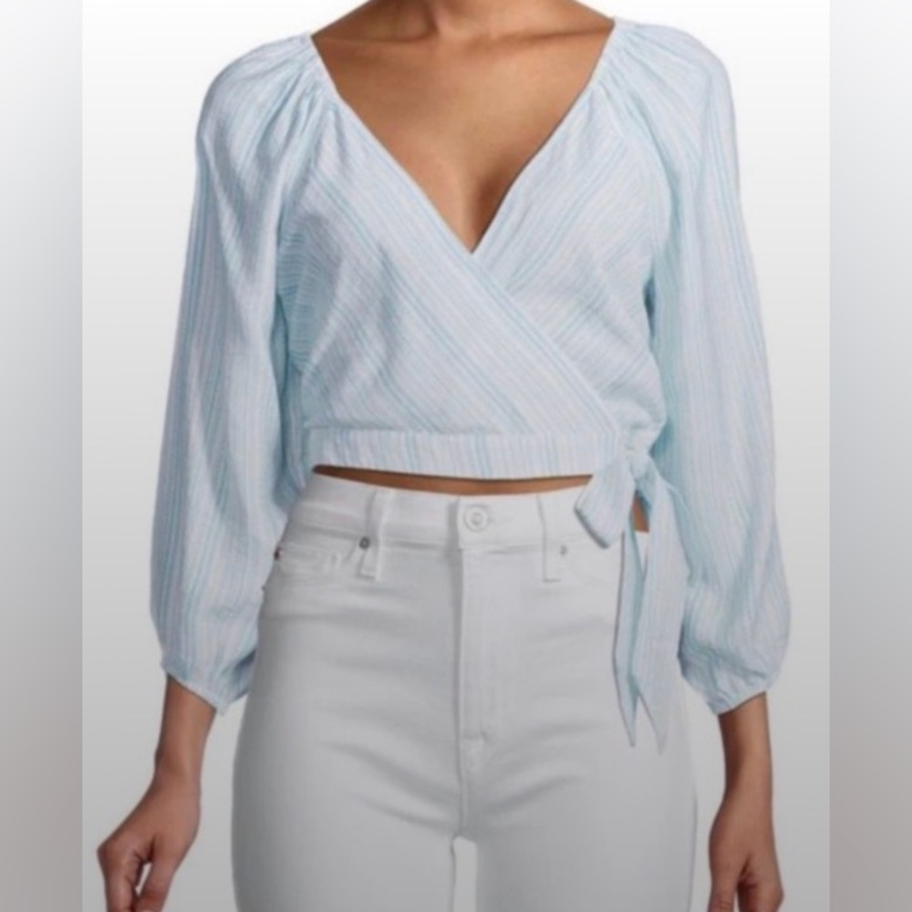 BCBGeneration M Blue/White Striped Blouse cropped, tie, boho, coastal, cottage